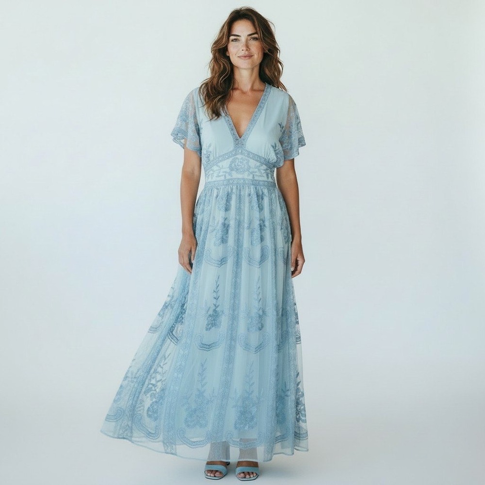 Altar'd State Floral Embroidered Mesh  Dress Flutter Sleeve Cottagecore Boho L